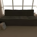 Green Cushioned Sectional Sofa Near Large Windows With Beige Curtains On Light Wooden Floor