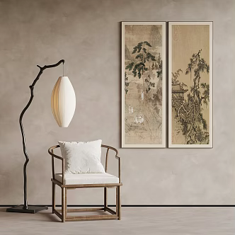 New Chinese Style Single Chair Tea Chair Writing Chair Decorative Painting Floor Lamp 3d model