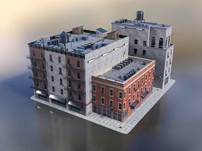 Different Styles Single Family House With Gray Red Brick Walls Fire Escape And Roof Water Tank 3d model