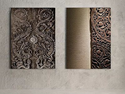 Intricate Carved Wall Decor With Metallic Texture Hanging On Gray Wall 3d model