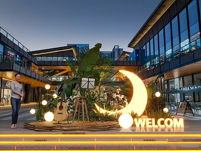 Popular Night Photo Check in Spot With Moon Decoration Green Plants And Welcome Sign 3d model