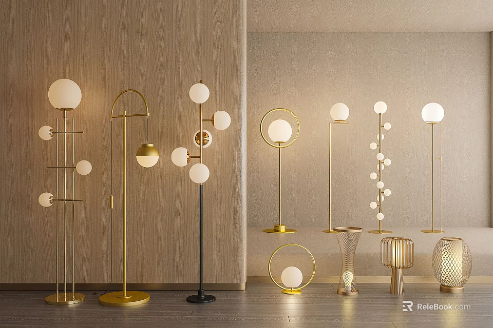 Modern Floor Lamps With Multiple Sphere Shades And Gold Black Metal Frames 3d model 
