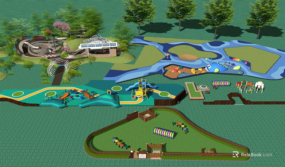 Colorful Kids Playground With Slides Water Pools And Green Lawn Areas 3d model 