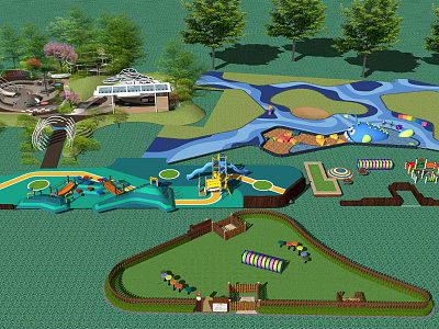 Colorful Kids Playground With Slides Water Pools And Green Lawn Areas 3d model