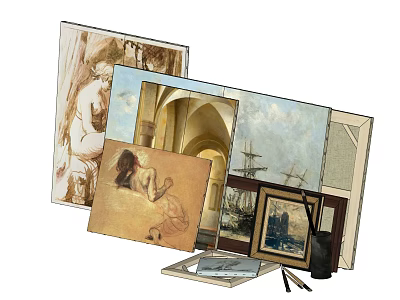 Artistic Oil Paintings In Various Styles With Frames And Paintbrushes Displayed 3d model Artistic Oil Paintings In Various Styles With Frames And Paintbrushes Displayed 3d model