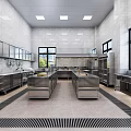 Professional Commercial Kitchen With Stainless Steel Worktables Cabinets Tile Flooring And Ceiling Lights