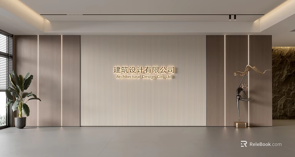 Modern Interior Background Wall With Wooden Stripes Company Logo And Decorative Sculpture 3d model 