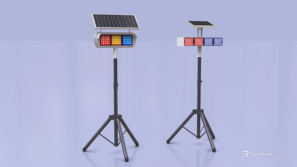 Solar Powered Traffic Signs With Tripod Bases And Colored LED Lights 3d model 