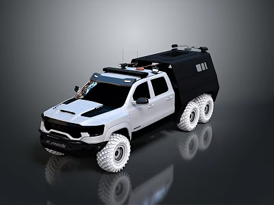 Custom White and Black Six Wheel Pickup Truck with Roof Storage and Off Road Tires 3d model