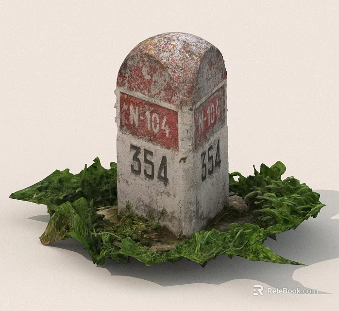 Vintage Boundary Stone with TN104 and 354 Numbers Surrounded by Green Foliage 3d model 
