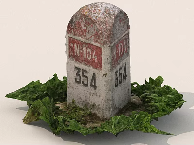 Vintage Boundary Stone with TN104 and 354 Numbers Surrounded by Green Foliage 3d model