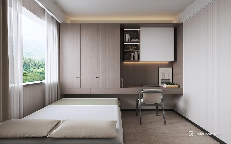 Modern Tatami Bedroom with Bed Desk Bookshelf Cabinets Bright Interior and Green View Through Window 3d model 
