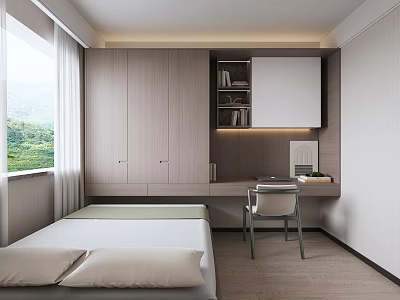 Modern Tatami Bedroom with Bed Desk Bookshelf Cabinets Bright Interior and Green View Through Window 3d model