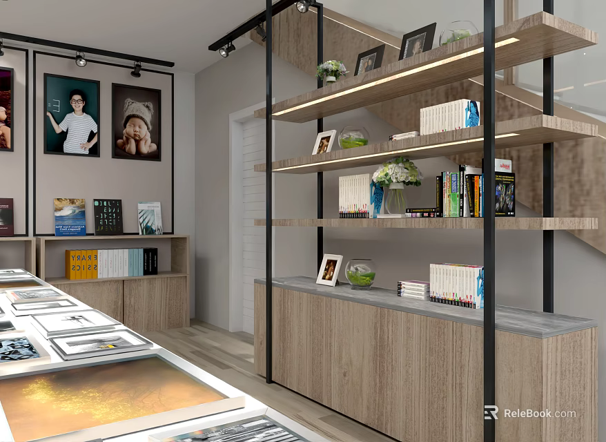 Modern Mall Store Interior With Wooden Shelves Photos Books Green Plants And Counter 3d model 