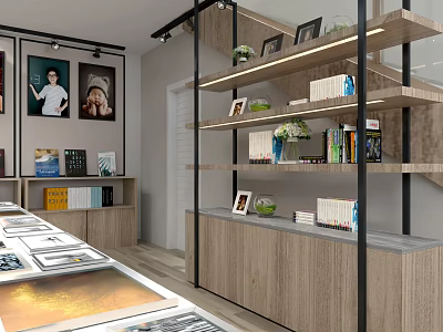 Modern Mall Store Interior With Wooden Shelves Photos Books Green Plants And Counter 3d model