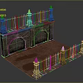 Ancient Architectural Wall Scenery with Arched Doors Stone Pillars Iron Fences Stone Path and Puddle