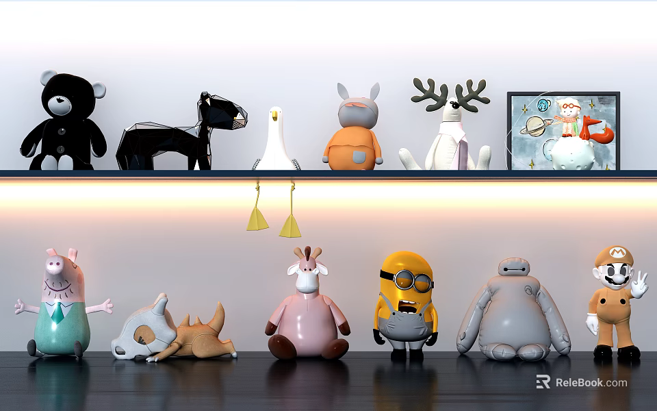Cute Stuffed Dolls With Various Animal And Cartoon Character Designs Displayed On Shelves 3d model 