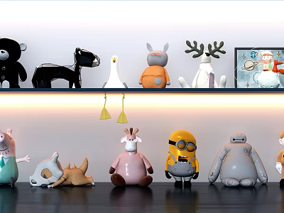 Cute Stuffed Dolls With Various Animal And Cartoon Character Designs Displayed On Shelves 3d model