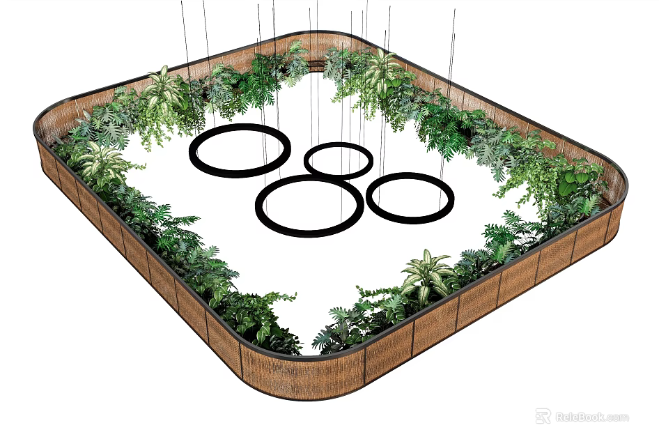 Three Circular Pendant Lights Hanging in Square Frame Surrounded by Lush Green Foliage 3d model 