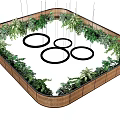Three Circular Pendant Lights Hanging in Square Frame Surrounded by Lush Green Foliage