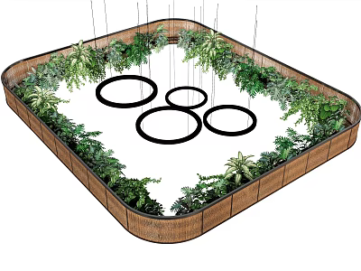 Three Circular Pendant Lights Hanging in Square Frame Surrounded by Lush Green Foliage 3d model