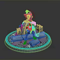 Seated Blonde Character With Red Cape And Blue Glowing Creature On Circular Stone Wood Platform