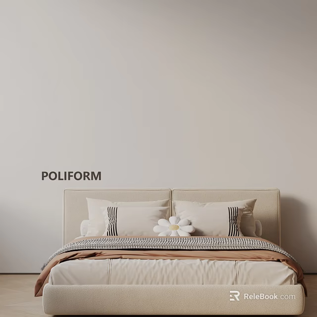POLIFORM Modern Double Bed Interior Design With Beige Headboard And Decorative Pillows 3d model 