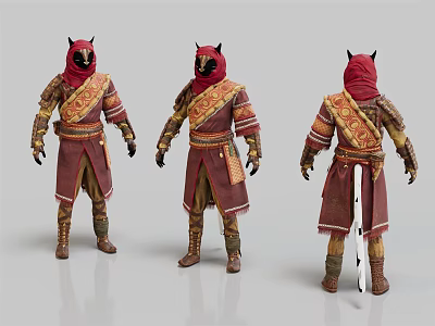 Fantasy Character Design With Red Gold Outfit Horned Helmet And Sword From Three Angles 3d model