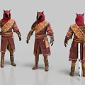 Fantasy Character Design With Red Gold Outfit Horned Helmet And Sword From Three Angles