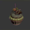 Delicious Cupcake With Green Frosting Cherry And Chocolate Decoration In Brown Ruffled Liner