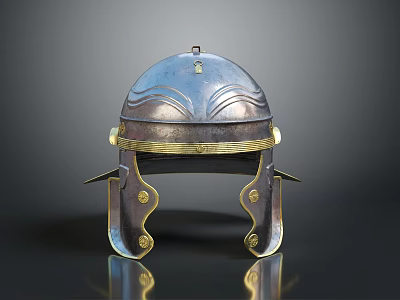 Ancient Roman Protective Weapon Helmet With Metallic Body And Gold Decorative Accents 3d model