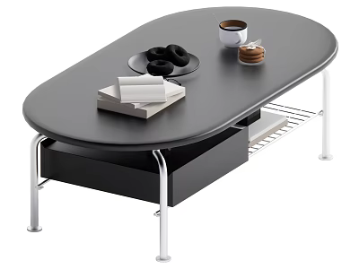 Black Oval Top Coffee Table With Metal Legs Storage Shelf And Coffee Cup 3d model