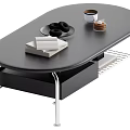 Black Oval Top Coffee Table With Metal Legs Storage Shelf And Coffee Cup