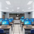 School Computer Lab Classroom With Rows Of Desktops And Blackboard 3d model