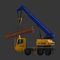 Yellow ACE Crane With Blue Boom Lifting Wooden Beam In Construction