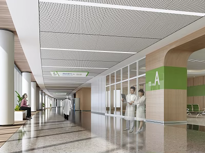 Hospital Outpatient Corridor With Medical Staff Patients Green Signage Area A Seating And Grid Ceiling Design 3d model