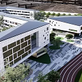 Modern School Building Design With Large Windows Track Green Courtyard And Playground