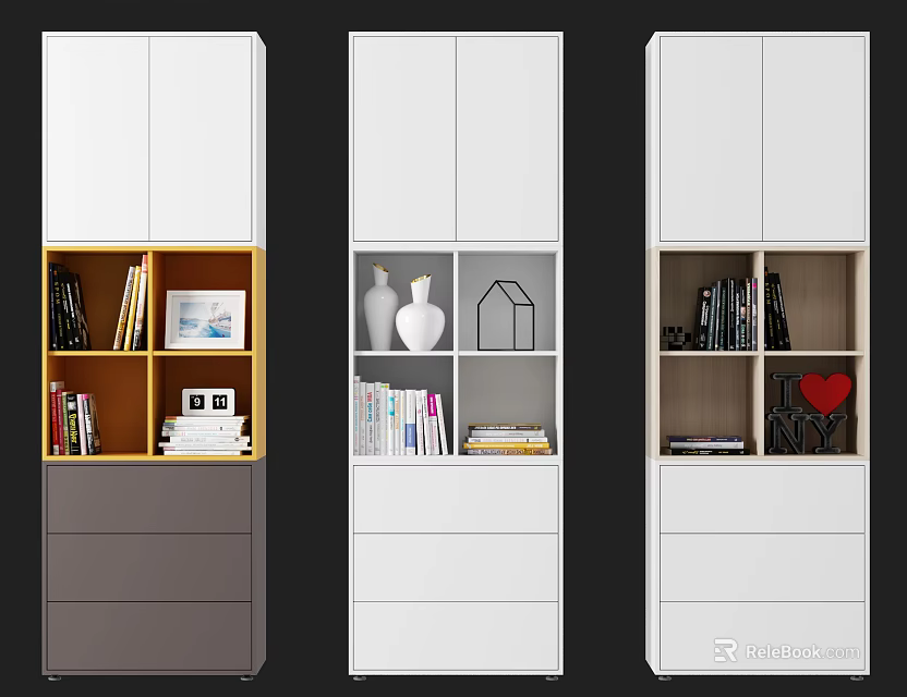 Modern Bookcase Design With Books Decorative Items Drawers And Cabinets 3d model 