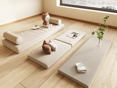 Comfortable Living Room Floor Mats With Plush Toys Coffee Cup Book And Green Plant 3d model