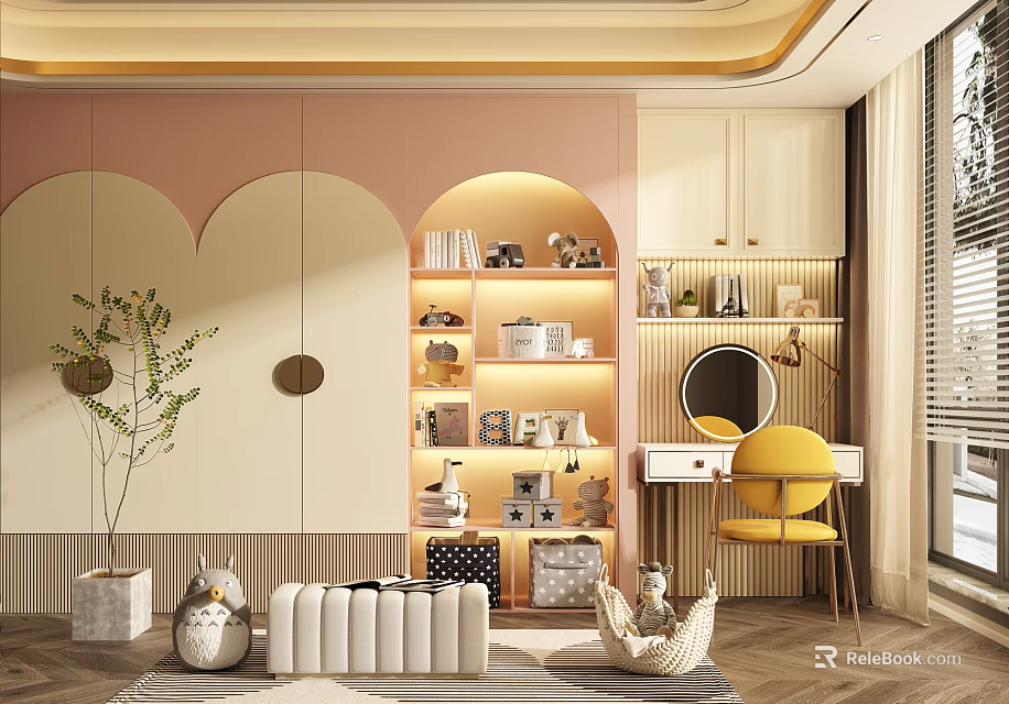 Elegant Dressing Table with Yellow Chair and Lit Bookshelf in Pink Beige Room 3d model 