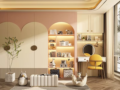 Elegant Dressing Table with Yellow Chair and Lit Bookshelf in Pink Beige Room 3d model