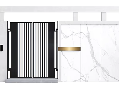 Modern Entrance Gate Design With Black Striped Panels And Marble Wall Accent 3d model