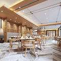 Modern Restaurant Interior With Marble Counter Wooden Elements Hanging Light Frames And Large Windows 3d model