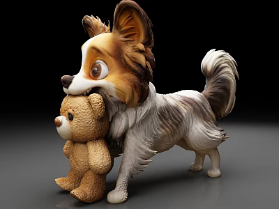 Cute Puppy Hugging Soft Brown Teddy Bear Stuffed Toy on Gray Surface 3d model