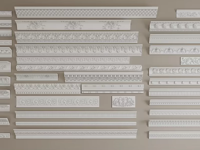 Different Styles Of Gypsum Moldings Featuring Ornate Carvings And Decorative Patterns 3d model