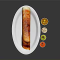 Traditional South Indian Dosa on White Oval Plate with Colorful Chutney Cups