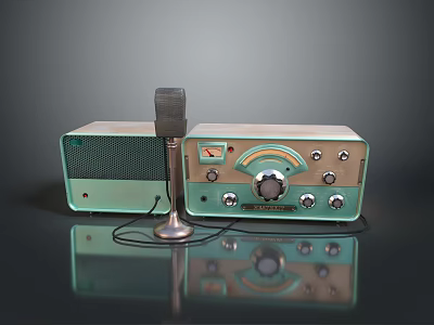 Vintage Green Beige Radio And Microphone With Knobs Buttons On Black Reflective Surface 3d model