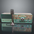 Vintage Green Beige Radio And Microphone With Knobs Buttons On Black Reflective Surface 3d model