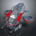 Futuristic Flying Vehicle With Gray Red Metallic Structure And Large Propellers Design