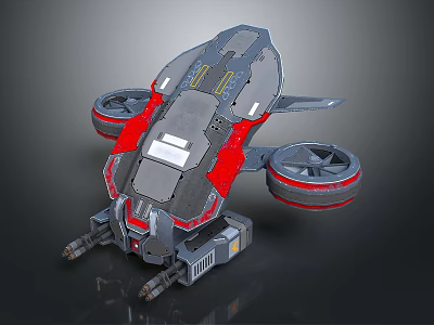 Futuristic Flying Vehicle With Gray Red Metallic Structure And Large Propellers Design 3d model